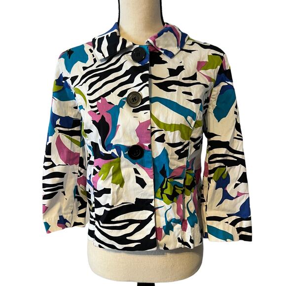 Women's Metrostyle White Black Multicolor Print Stripe Jacket Size 6 Retro - Picture 2 of 5